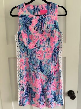 Lilly Pulitzer Pink and Blue Floral Shift Dress with White Lace Trim